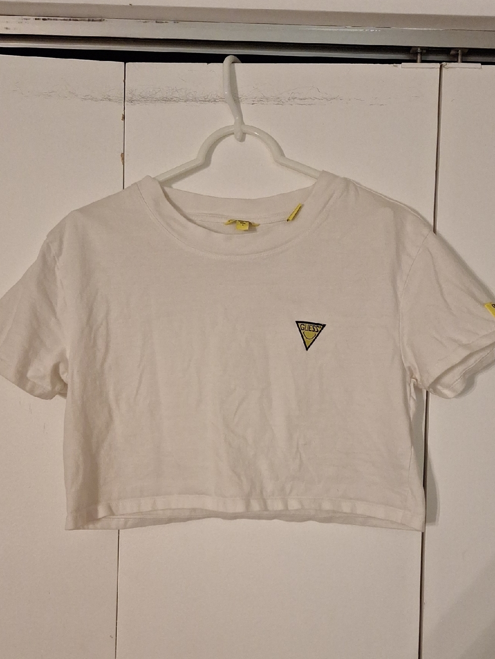 Guess White Cropped Logo Tee with Yellow Accents